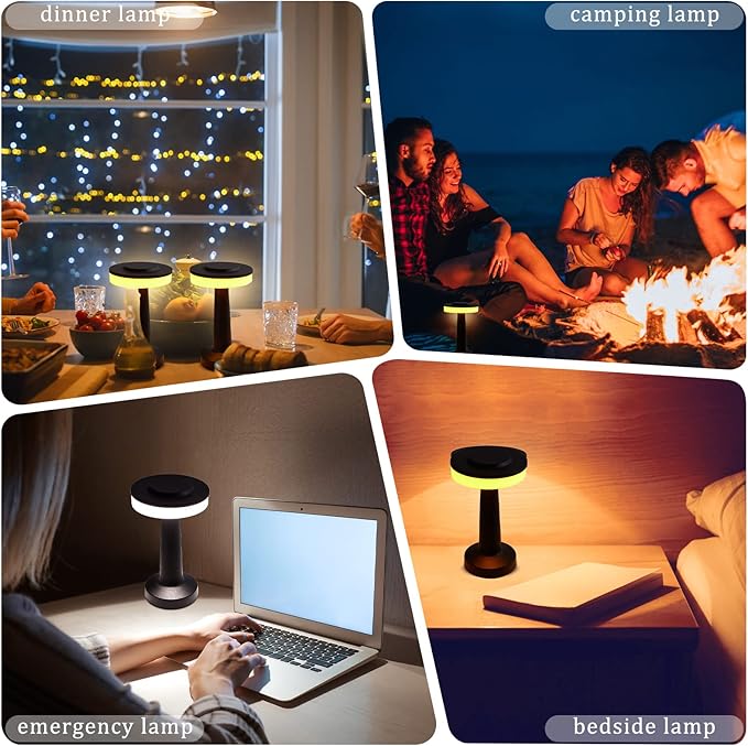 VIHOSE 8 Pcs 8 Pcs Cordless Table Lamps LED Portable Rechargeable Table Lamp with Touch Sensor 3 Color Dimming up to 15 Hours Battery Desk Light for Restaurant Nursery Living Room (Black)