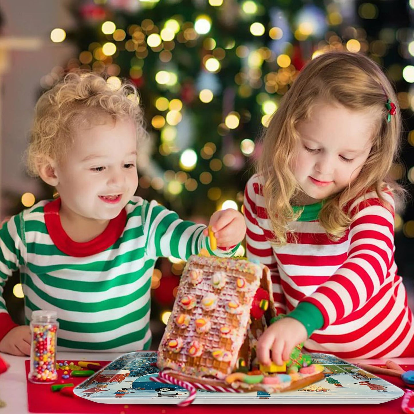 Jrusmr 4 Pack Christmas Serving Trays, 15 x 11 Inch Melamine Holiday Platters with Winter Village, Ice Skating, and Camping Designs, Reusable Festive Trays for Snacks, Cookies, and Entertaining