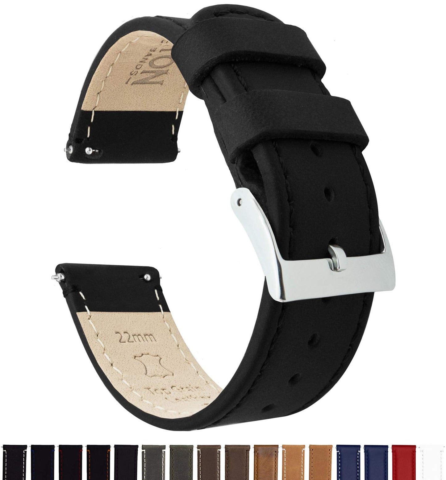 BARTON WATCH BANDS Quick Release Top Grain Leather Watch Band Strap, Black Leather/Black Stitching, 16mm
