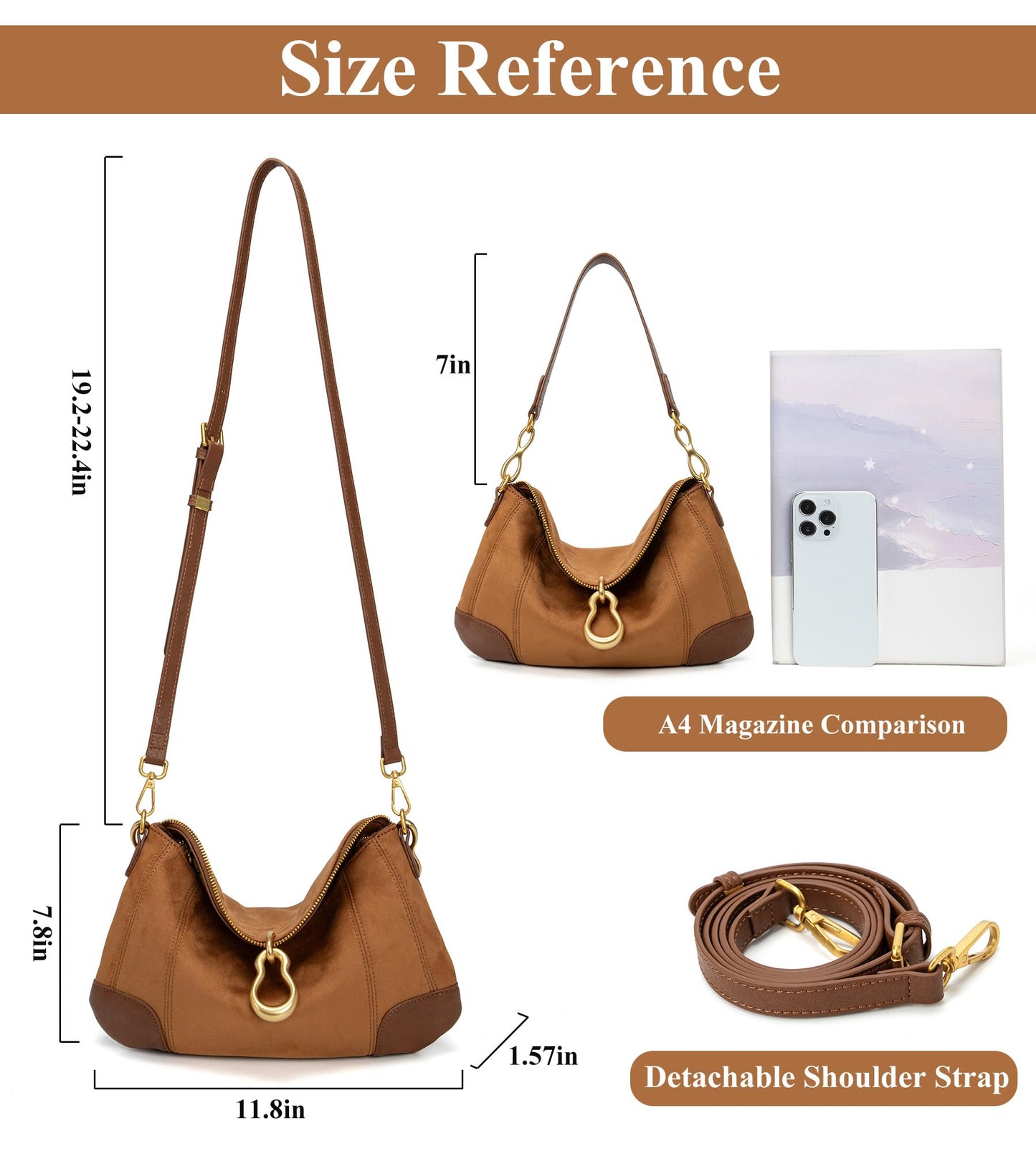 KingTo Shoulder Bag for Women Small Hobo Purse with Metal Pendant Embellished Retro Handbag Satchel (Brown)