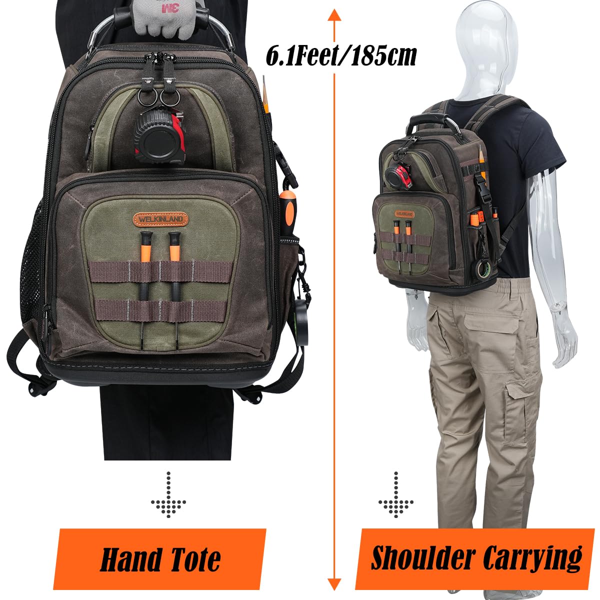 WELKINLAND 36-Pockets Electrician Backpack, Hard-Based HVAC Backpacks, Waxed-Canvas Technician Backpack, Heavy-Duty Tool Backpacks For Men