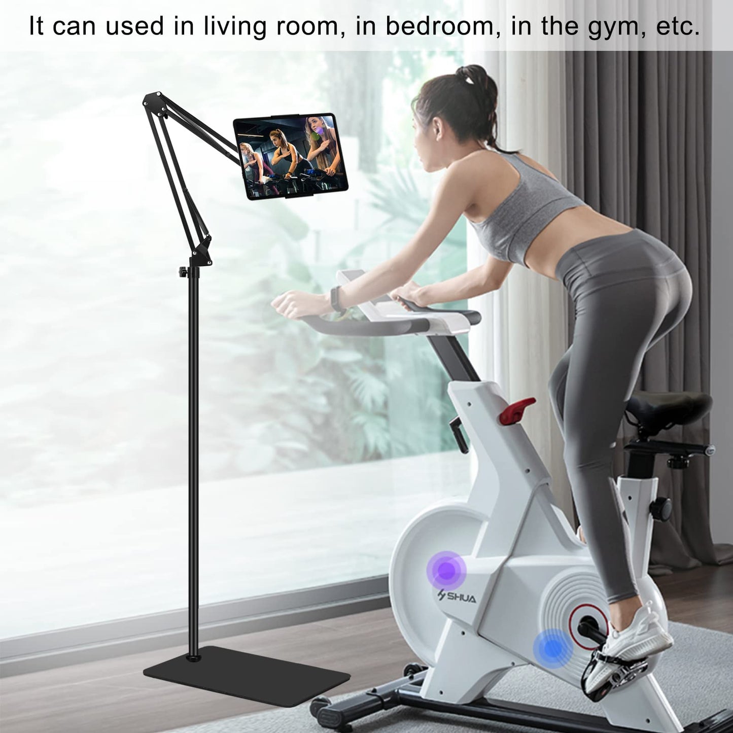 Tablet Floor Stand with Heavy Duty Base, Overhead Bed phone Stand Angle Height Adjustable Arm Stretchable Stand Holder, Compatible with iPad Mini Air Pro, Galaxy Tab, Kindle, E-Readers,Cell Phones
