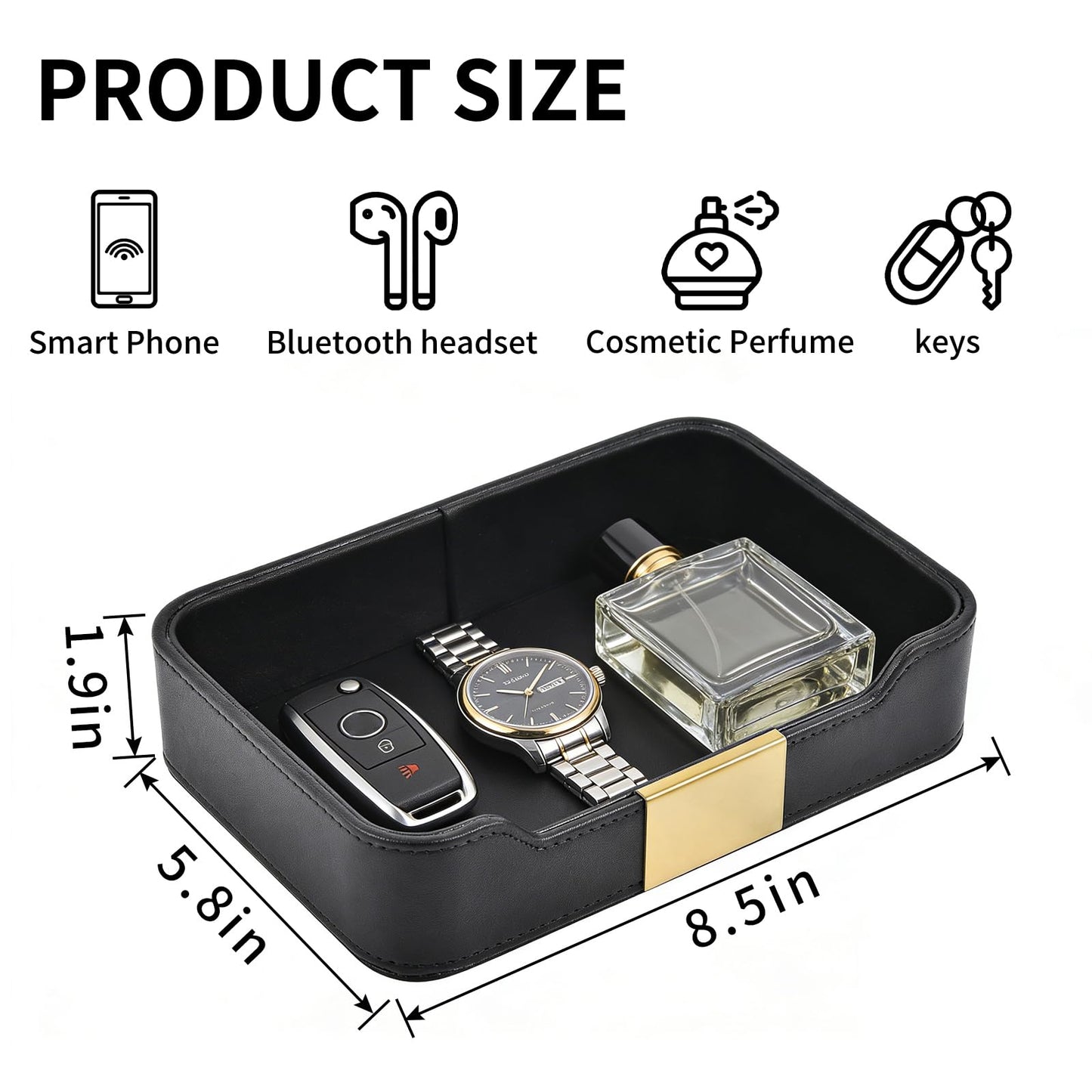 RHCSZ Luxury Leather Valet Tray Desktop Storage Organizer,Bedside Vanity Catchall Tray Nightstand Caddy Holder for Cosmetic,Jewelry,Watch,Keys,Phone,Wallet,Remote Controller,Pen,Black