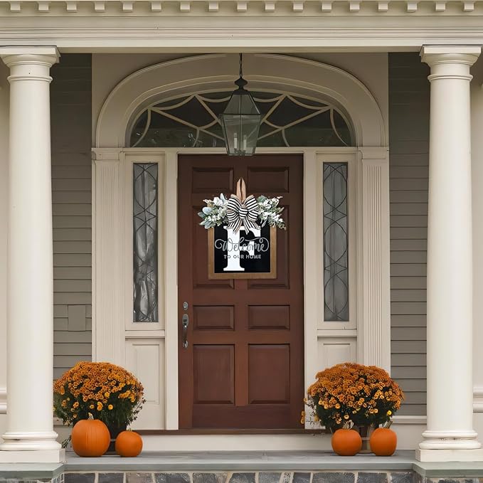 Ultra Large 14'' Last Name All Year Round Front Door Wreath with 26 Initial Letter Welcome Sign All Seasons Eucalyptus Garland and Bow Wreaths for Front Door Porch Farmhouse Decoration (F)