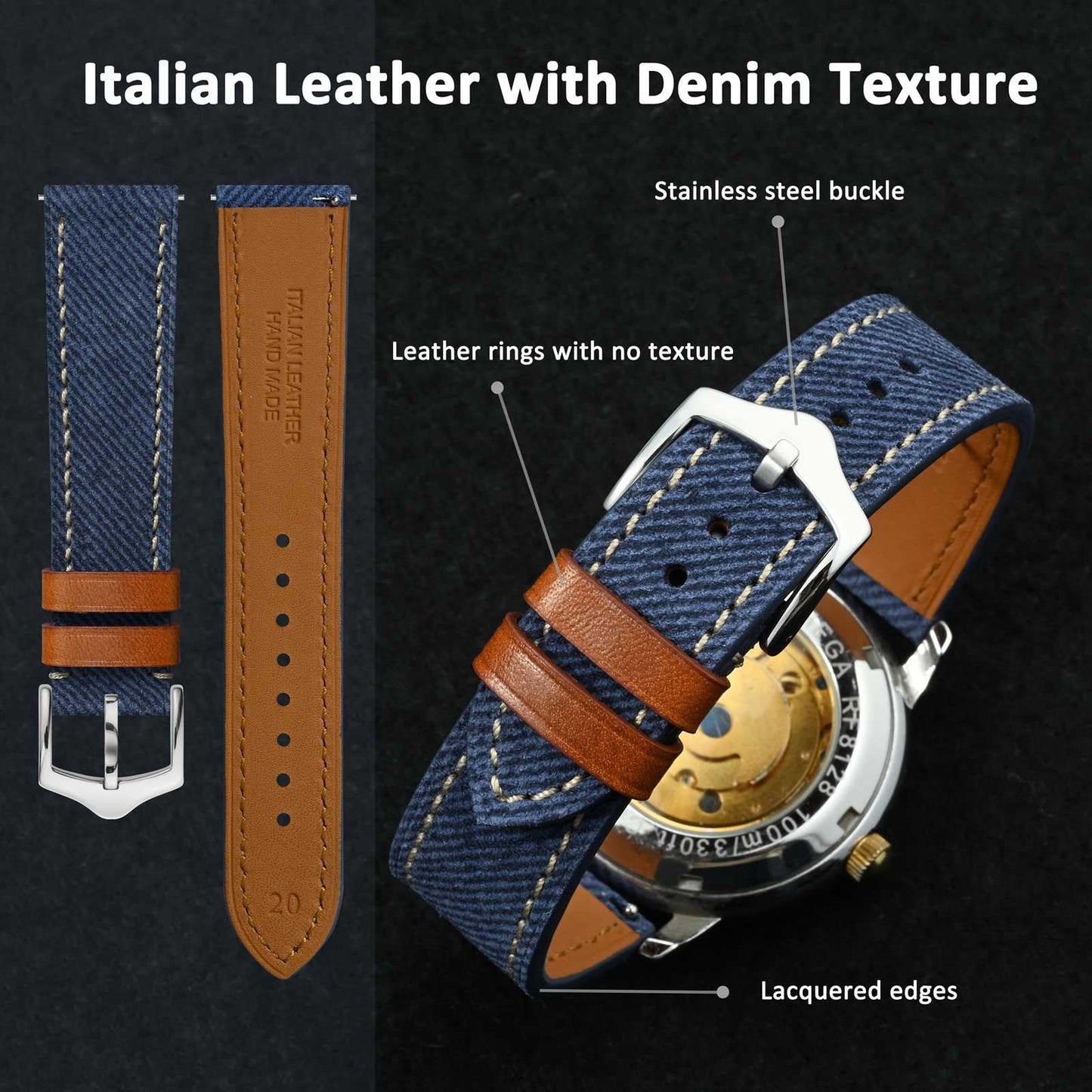 WOCCI 20mm Watch Band, Italian Leather, Denim Pattern, Silver Buckle (Denim Blue)