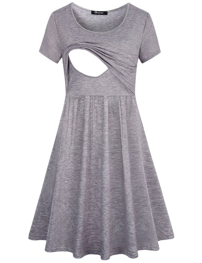Quinee Nursing Outfit,Ladies Short Sleeve Round Neck Summer Casual Cotton Breastfeeding Friendly Dress for Baby Shower Comfy Easy Fit Pleats 2XL Large Oversize Maternity Tunic Grey XXL