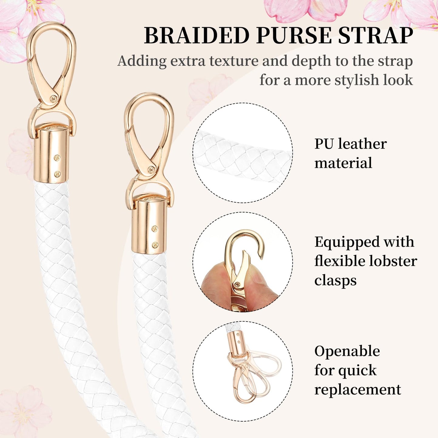 PATIKIL Braided Purse Straps 40cm / 15.7", 2 Pack PU Leather Handbag Handles Replacement with Gold Buckle for DIY Purse Handbag Tote Making Accessories, White