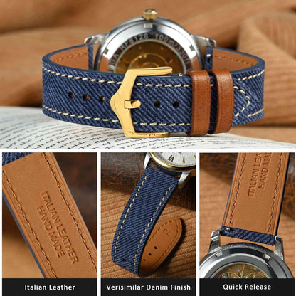 WOCCI 20mm Watch Band, Italian Leather, Denim Pattern, Golden Buckle (Denim Blue)