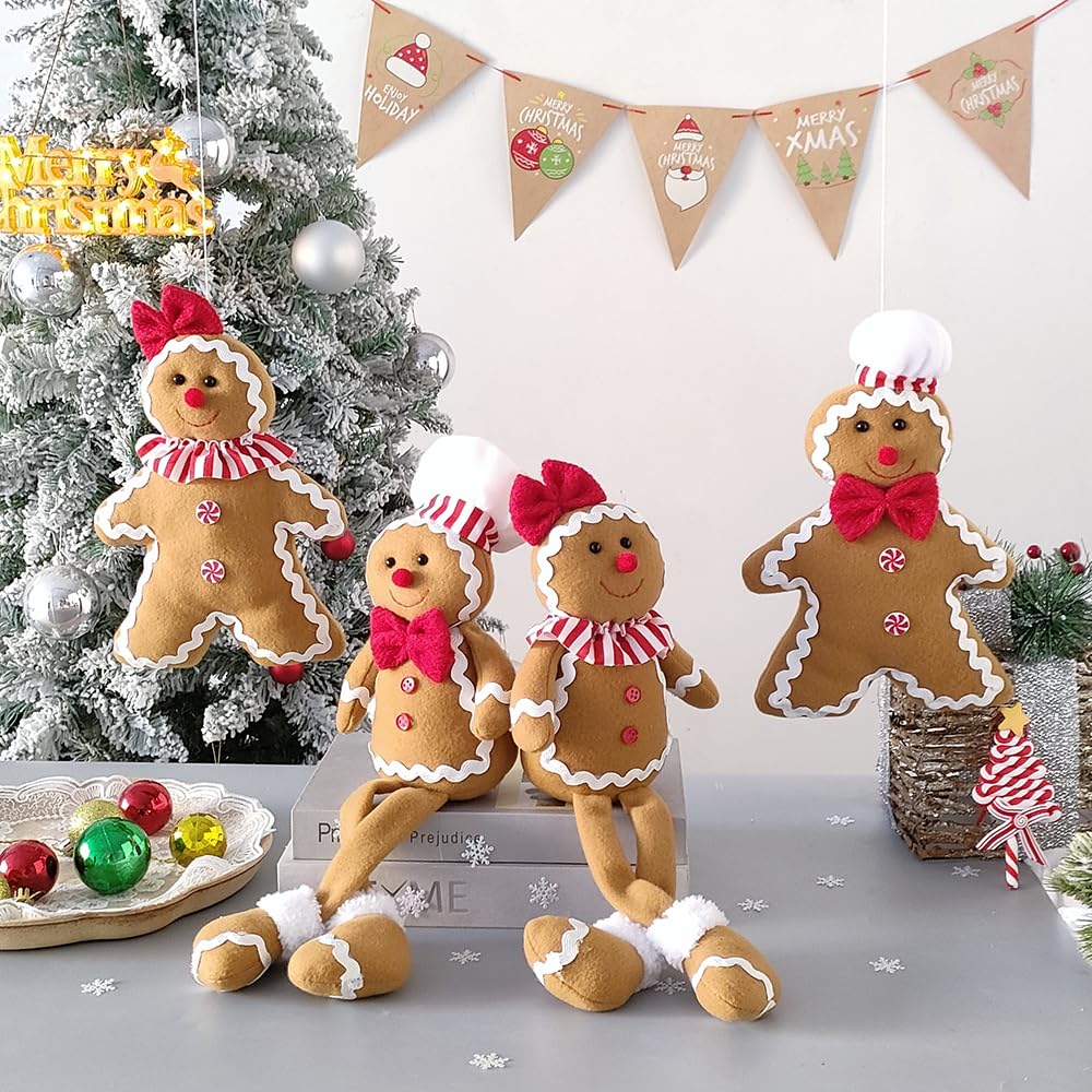 BALONAR 15Inch Large Size Christmas Plush Gingerbread Man Boy Girl Figures with Chef Hat Bowknot Christmas Ornament Home Decorations Doll Soft Door Window Table Tree Holiday Xmas Season Decor