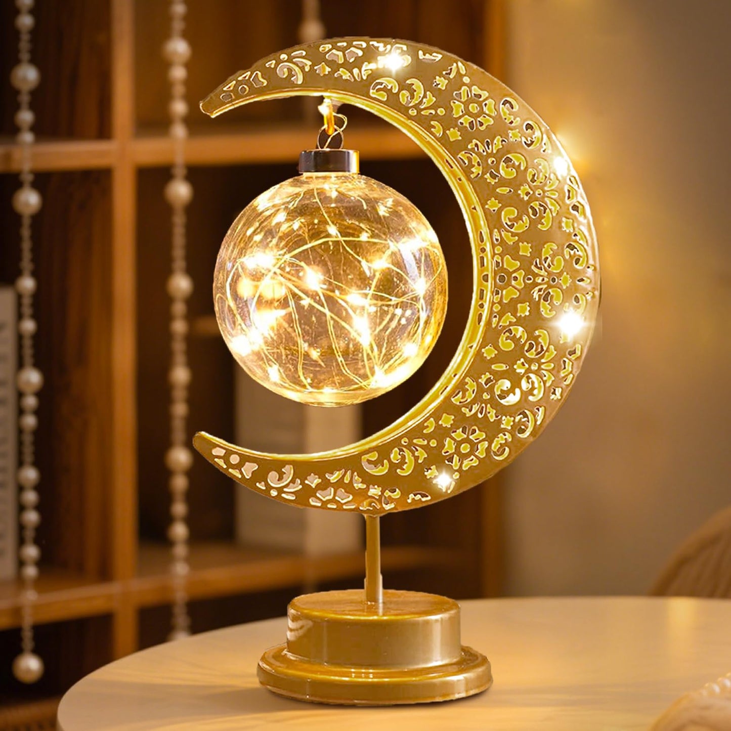 Moon Lamp with Hanging Globe, Decorative Crescent Moon Table Lamp Battery Powered, Retro Metal Islamic Decor LED Night Light for Bedroom Living Room, Gift for Women Birthday Christmas Boho Home Decor