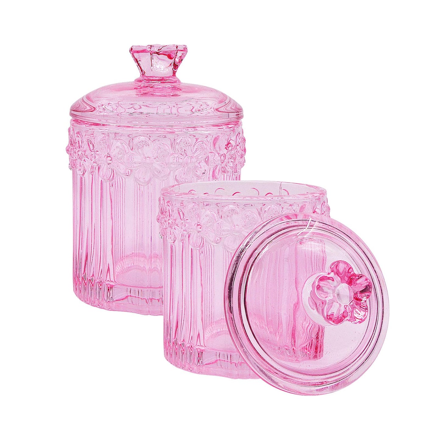 2 Pack Qtip Holder Glass Bathroom Storage Canisters for Cotton Rounds, Apothecary Jars with Lids, Cute Crystal Beauty Eggs Makeup Pads Dispenser, Candy Container Floss Organizers (Pink)
