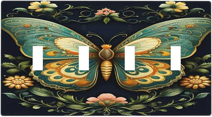 Butterfly Ornate with Flower Light Switch Covers Quad Toggle 4 Gang Wall Plate Decorative Switchplate Electrical Faceplate for Farmhouse Bathroom Living Decor