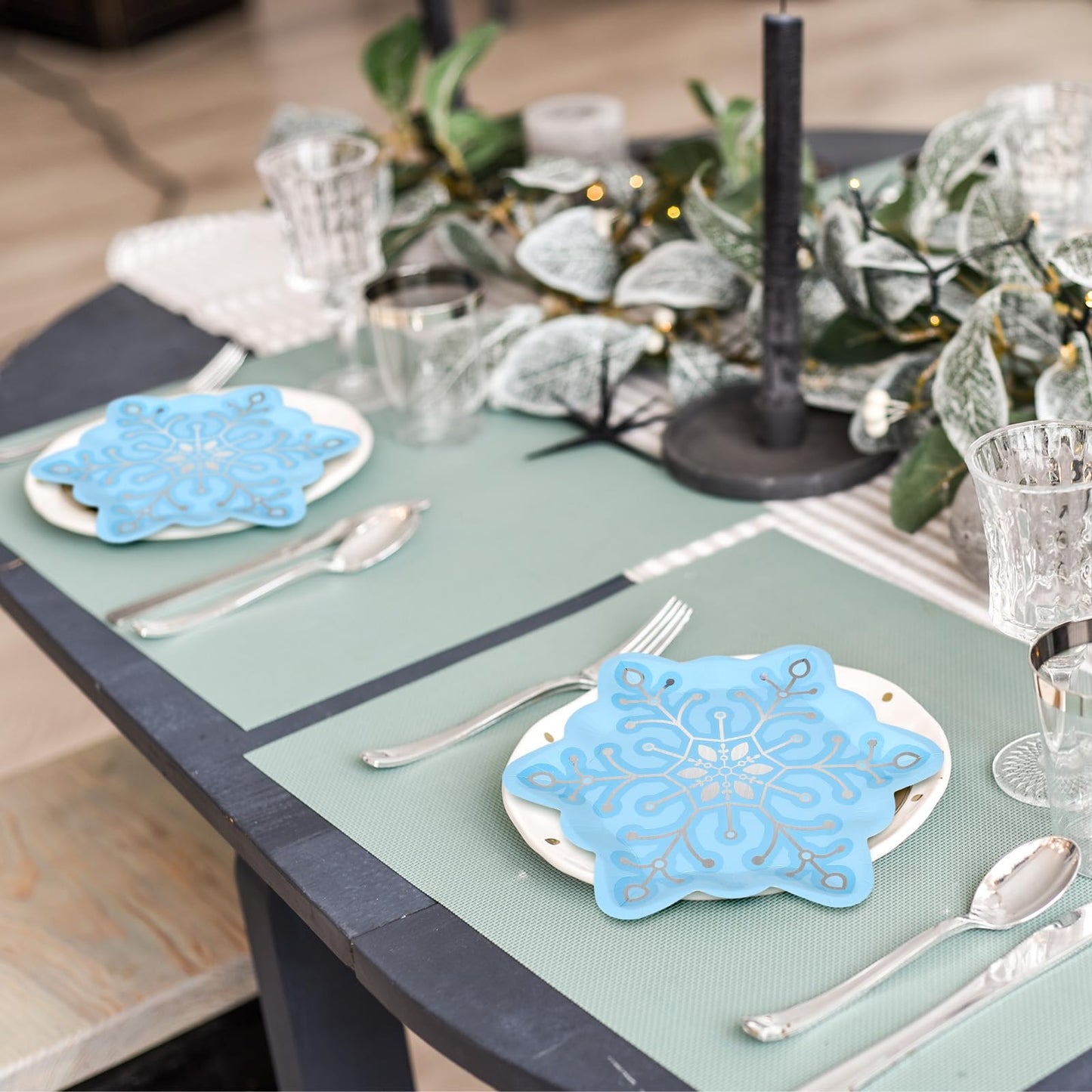 JarThenaAMCS 48Pcs Christmas Snowflake Paper Plates Silver Foil Blue Snowflake Shape Disposable Plates Winter Party Tableware for Xmas Wedding Birthday Table Decor Supplies