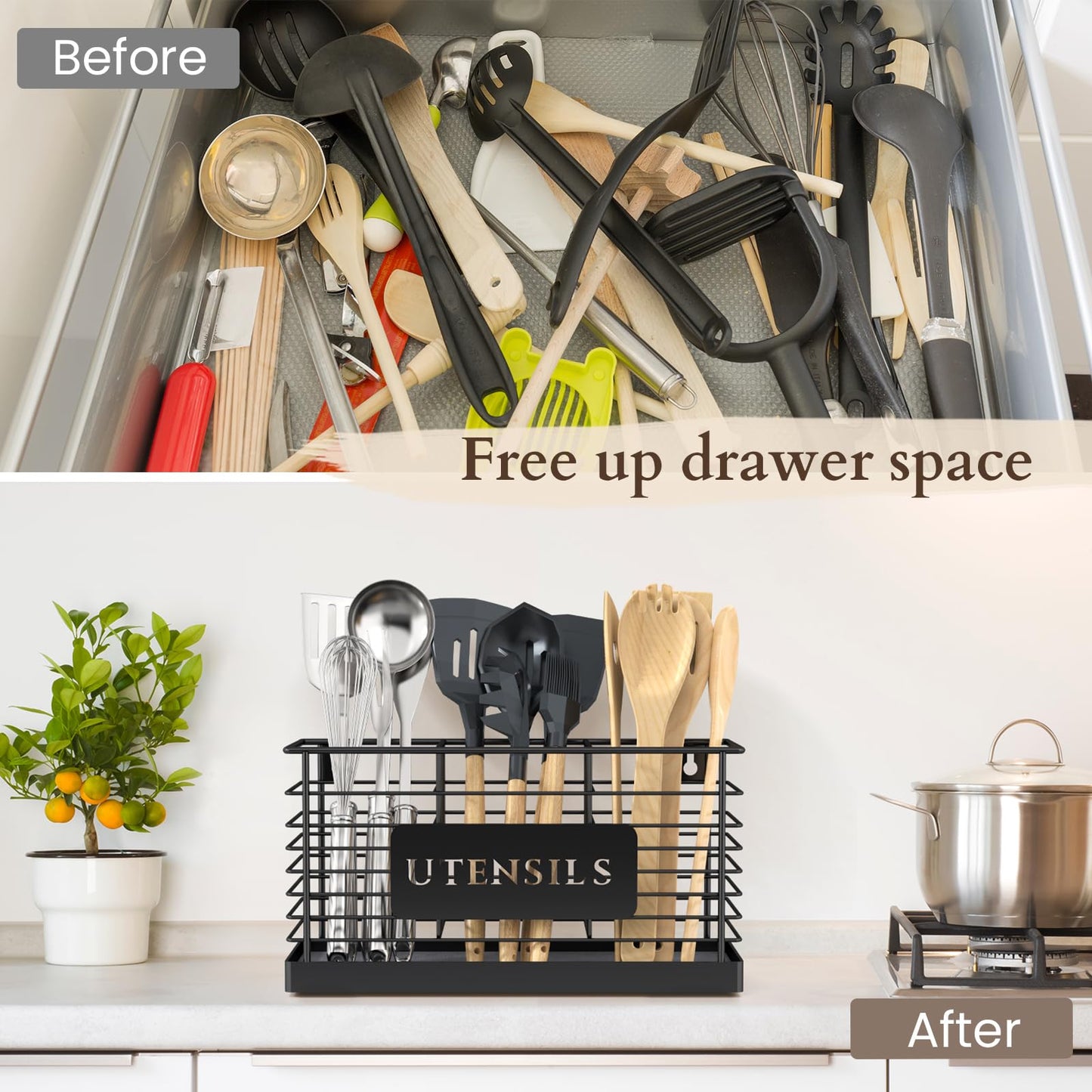 THYGIFTREE Utensil Holder for Kitchen Counter with Diatomaceous Earth Base, Large Black Metal Cooking Tool Organizer with 3 Compartments, Countertop Utensil Holder for Spatula and Kitchen Utensils