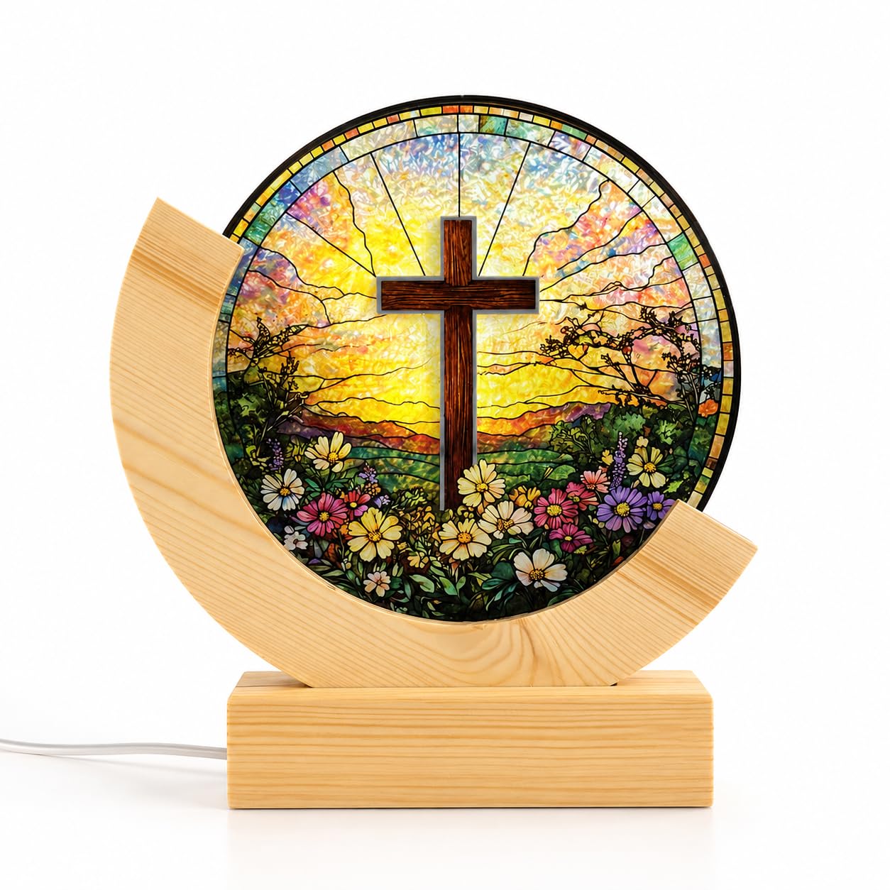 Christian Cross Stained Glass Night Light – Warm LED Glow, USB Powered, Solid Acrylic Plate with Wooden Base – Religious Home Decor Gift for Mom, Women, Christians, Easter, Christmas, Mother's Day