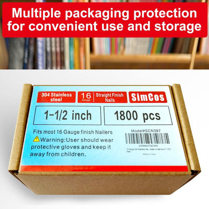 SimCos 16 Gauge 1-1/2 Inch 304 Stainless Steel Finish Nails, 1800 Pack