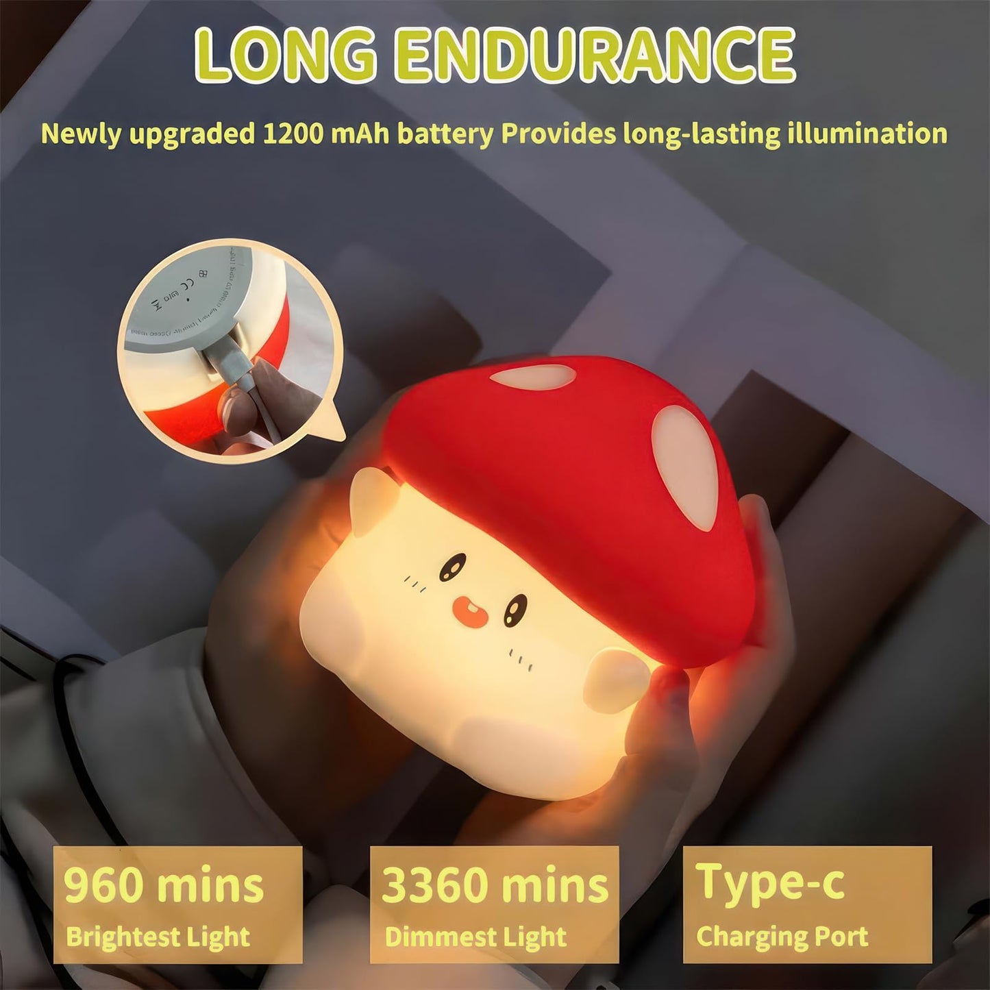 BemeedLigt Cordless Mushroom Lamp, Adorable Mushroom Night Light, Soft Silicone Dimmable Night Light for Kids Baby Rooms,Rechargeable Touch Desk Lamp with Timer for Nursery, Dorm Decor