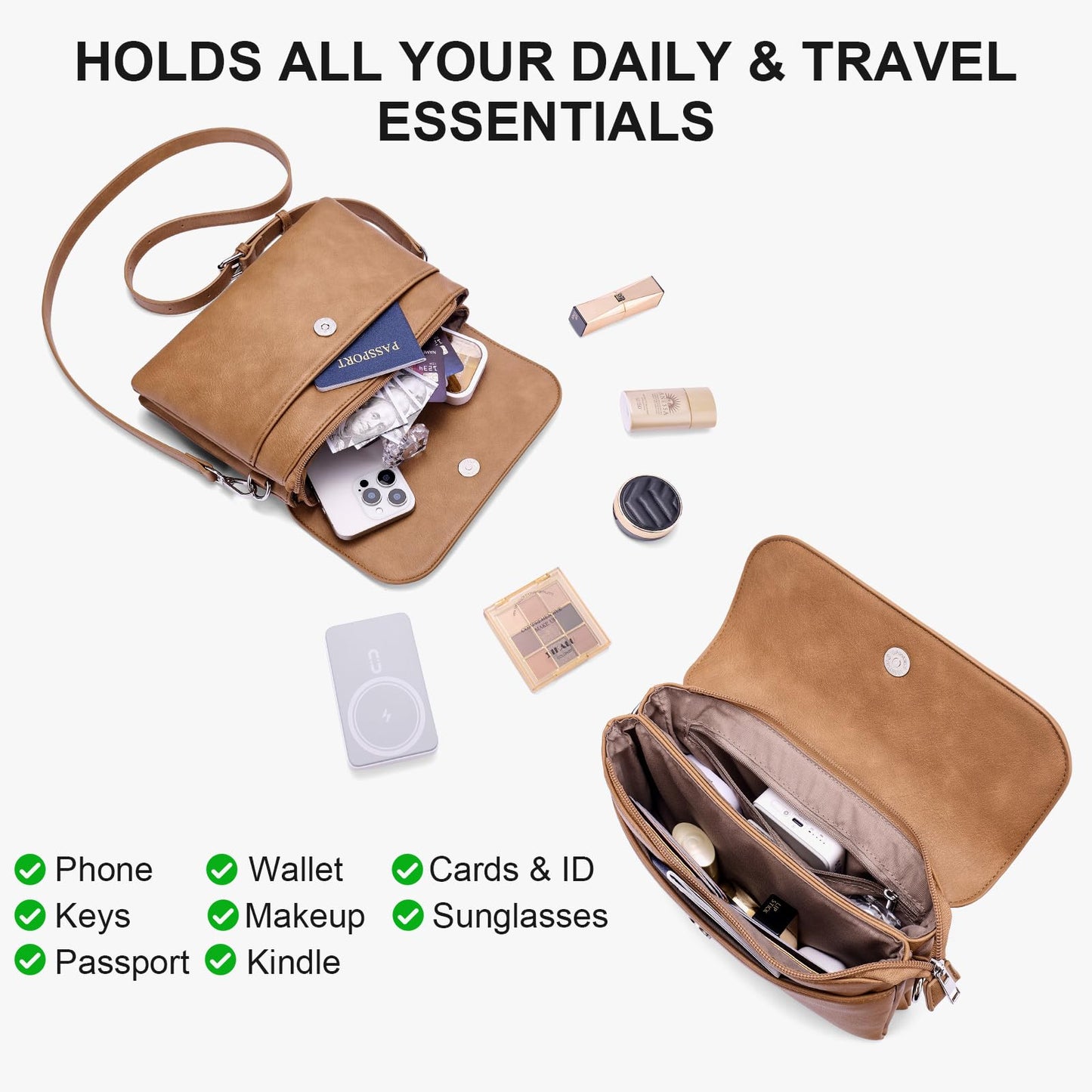 Lexiyat Crossbody Bags for Women Vegan Leather Travel Small Cell Phone Purse Rfid Shoulder Bag with 2 Straps Camelbrown