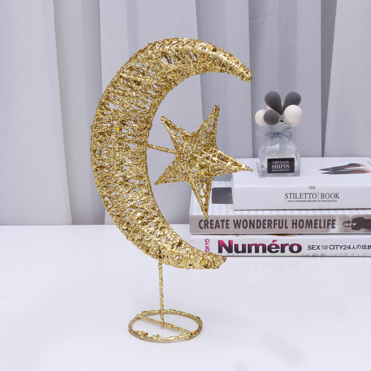 Iron Moon and Star Ornament Glitter Christmas Table Decoration Christmas Tree Decoration Wedding Birthday Holiday Party Supply 20cm (Golden)