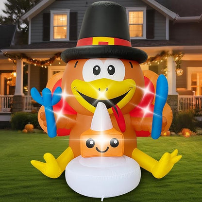 Thanksgiving Inflatables Turkey Outdoor Decorations 5FT Fall Inflatable Turkey with Built-in LED Lights with Cake Blow up Outdoor Lawn Yard Decoration