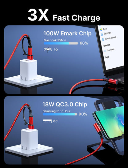 JSAUX 100W USB C Cable [2-Pack 10FT], Right Angle Fast Charging Cord with USB A to C Adapter for iPhone Air/iPhone 17/ iPhone 17 Pro/iPhone 17 Pro Max, iPhone 16/15, Samsung, MacBook, iPad - Red