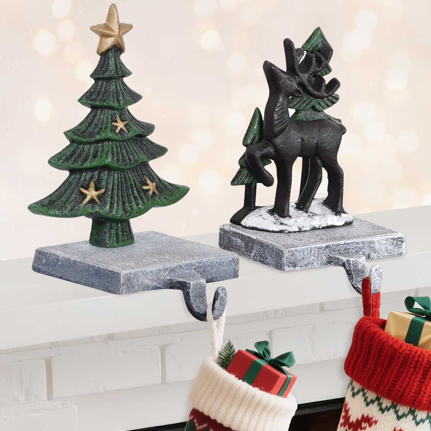 G GOOD GAIN Christmas Stocking Holders for Mantle - Set of 2 Heavy Duty Cast Iron Stocking Hangers with Non-Slip Base | Exquisite 3D Xmas Tree, Deer Mantel Hook for Fireplace Decoration Holiday Gifts