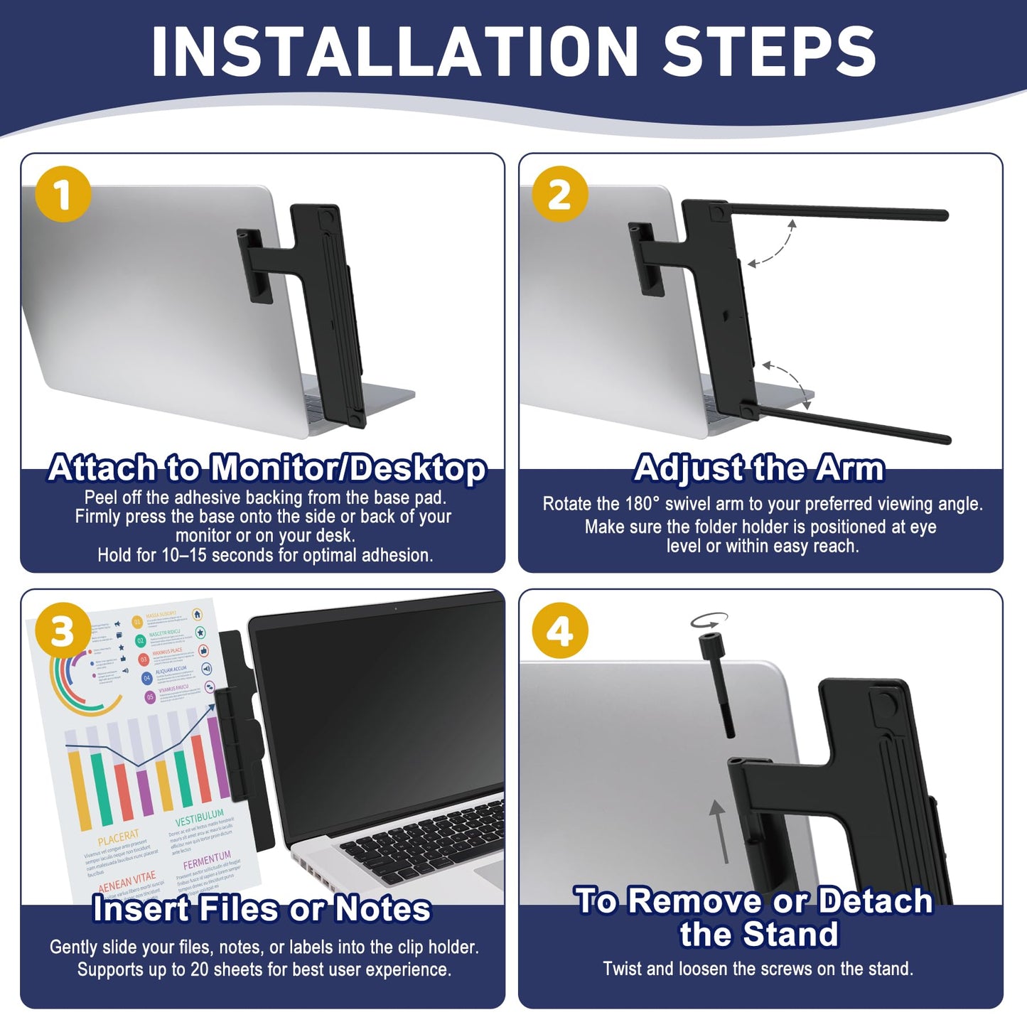 HAUTOCO Monitor Mount Document Clip, Document Holder for Typing Clips to Laptops & Monitors, Adjustable Removable Stand, Adhesive Mounts Left or Right, Holds Up to 20 Sheets for Recipes, Study, Office