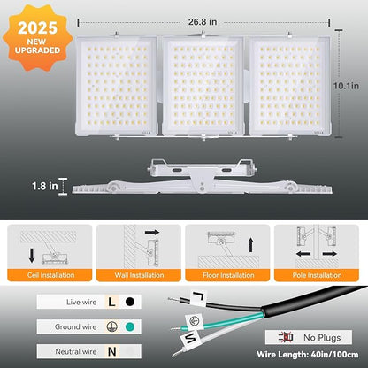 900W 2025 Plus New Upgraded LED Flood Light Outdoor, 90000LM Super Bright Stadium Lights, 6000K Daylight White, IP66 Waterproof, 3 Heads Adjustable Floodlight for Sports Fields, Court
