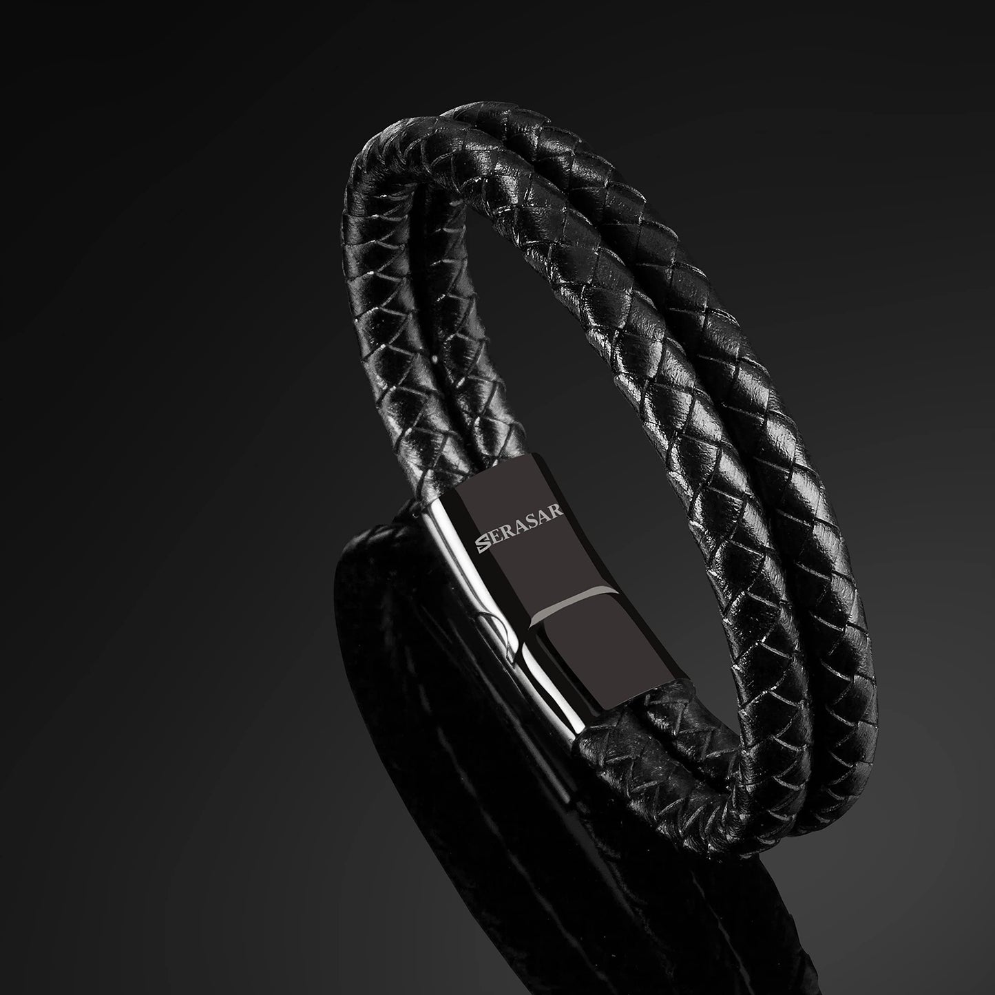 SERASAR 9″ Black Leather Bracelets for Men Mens Cowhide Gift Box Braided Bracelet Stainless Steel Jewelry Wrist Band Cuff Wrap Rope Bangle Dad Man Pulseras para Hombres Cuero Regalo