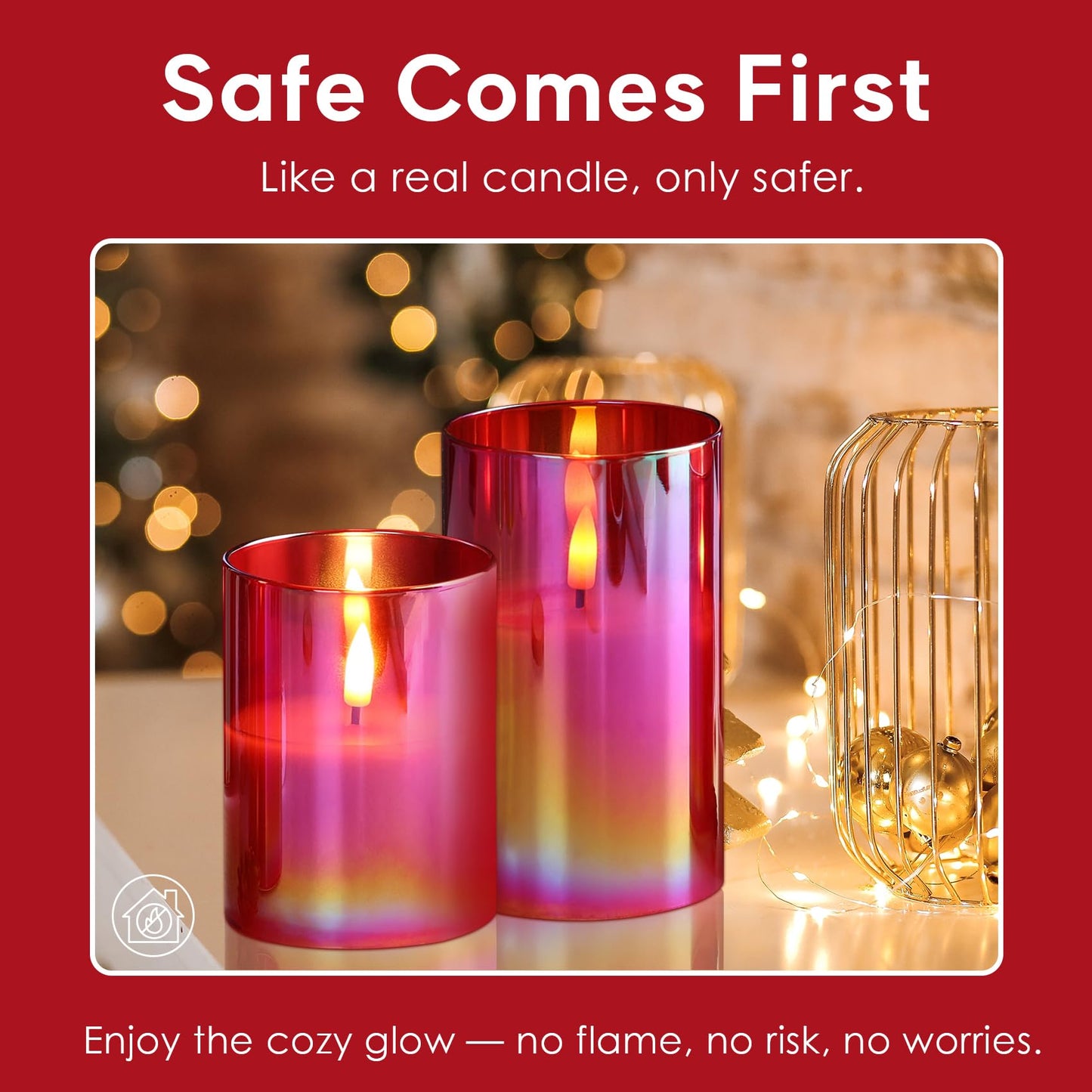 Eywamage Red Glass Flameless Pillar Candles with Remote, Flickering Christmas Battery LED Candles Holiday Decor Set of 3