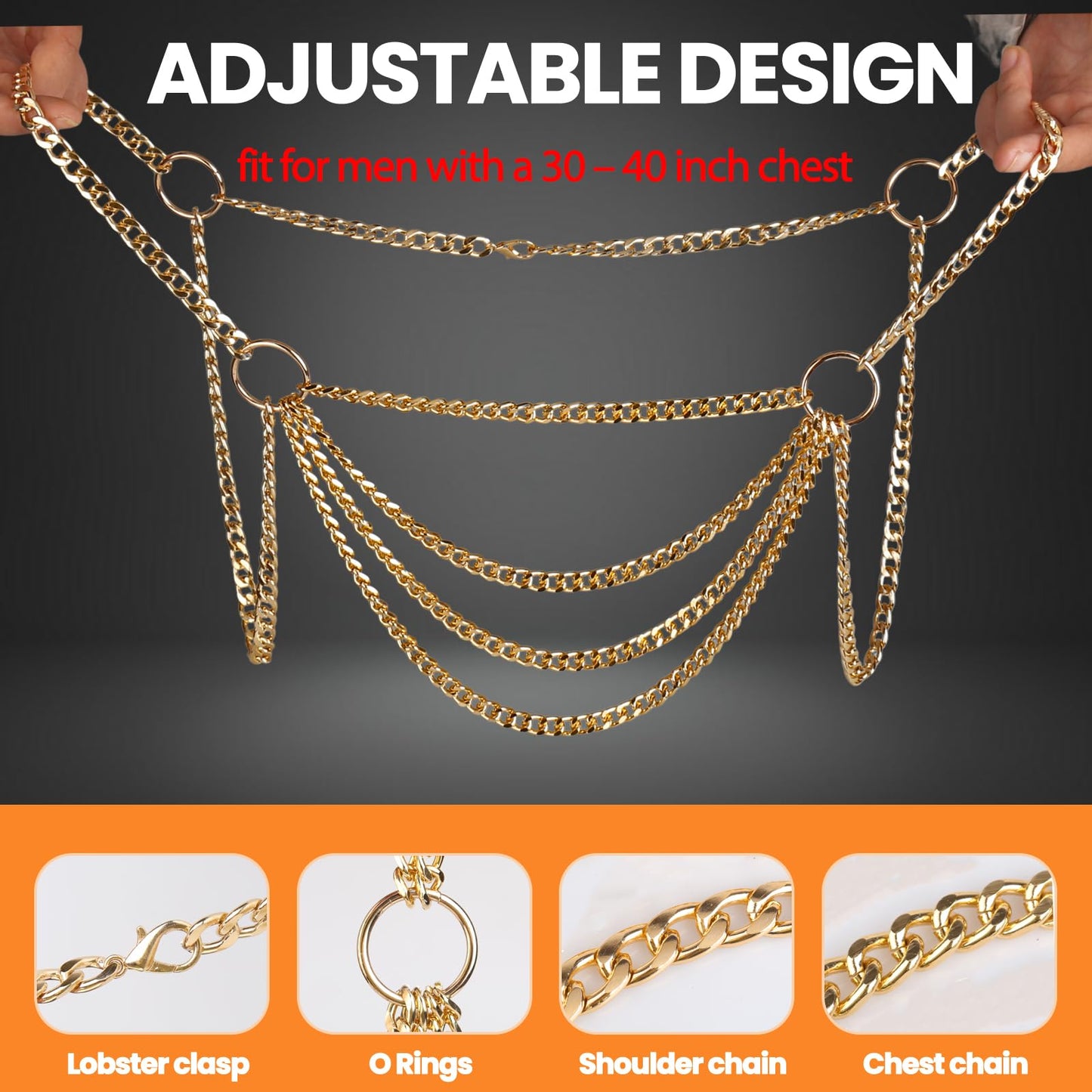 RTeczSolve Men's Chest Harness Chain Costume, Body Harness Belt for Men, Male Chest Harness Fashion Uniform for Cosplay Party (Gold)