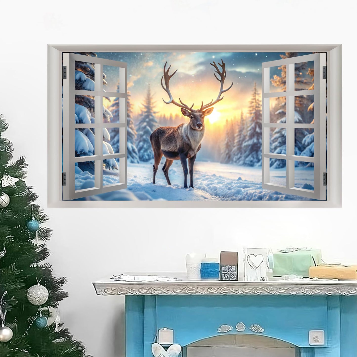 Winter Wall Stickers 3D Fake Windows Wall Stickers Christmas Wall Decals Peel and Stick Forest Wall Sticker Snowy Landscape Walls Decals Winter Pine Tree Art Murals for Living Room Bedroom Decor