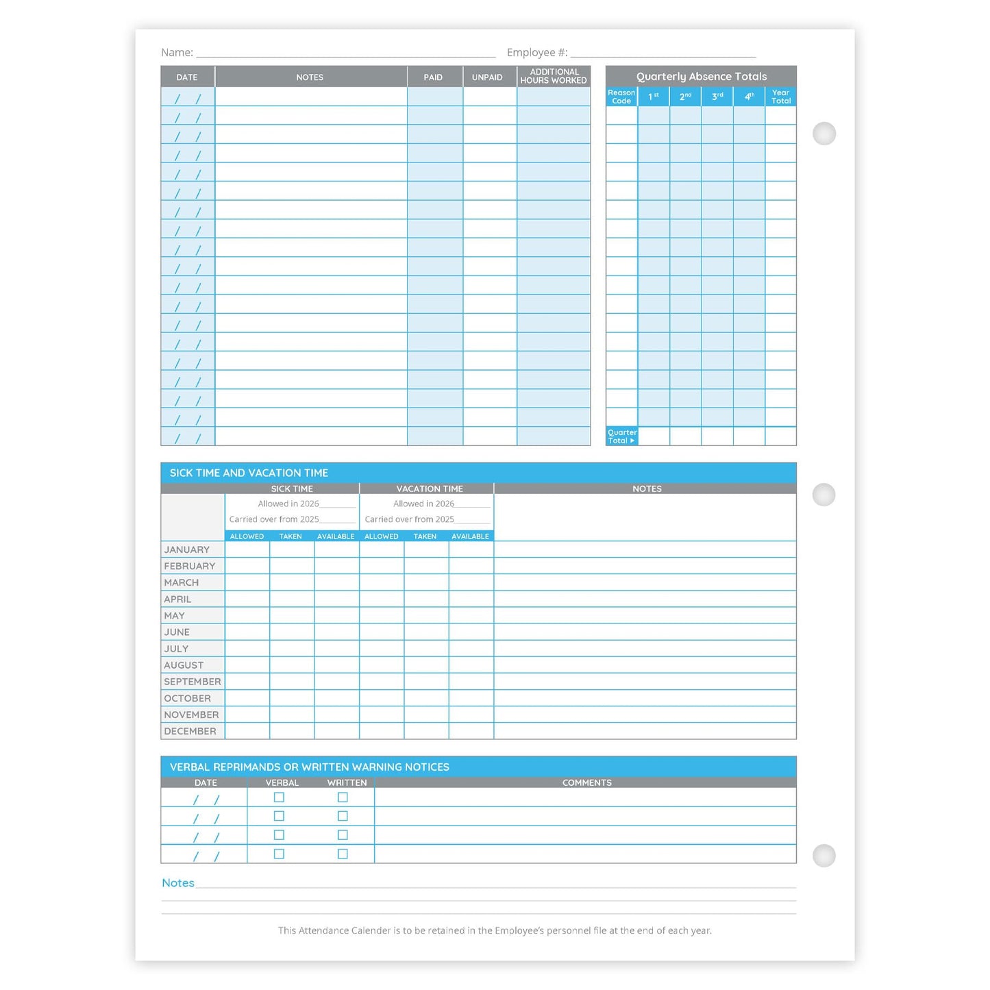 Blue Summit Supplies 50 Sheet Attendance Calendar, Employee 2026 Attendance Sheets for 3 Hole Binder, Convenient Tracker for Employee Attendance Record, Time Off, and Tardiness, 50 Pack