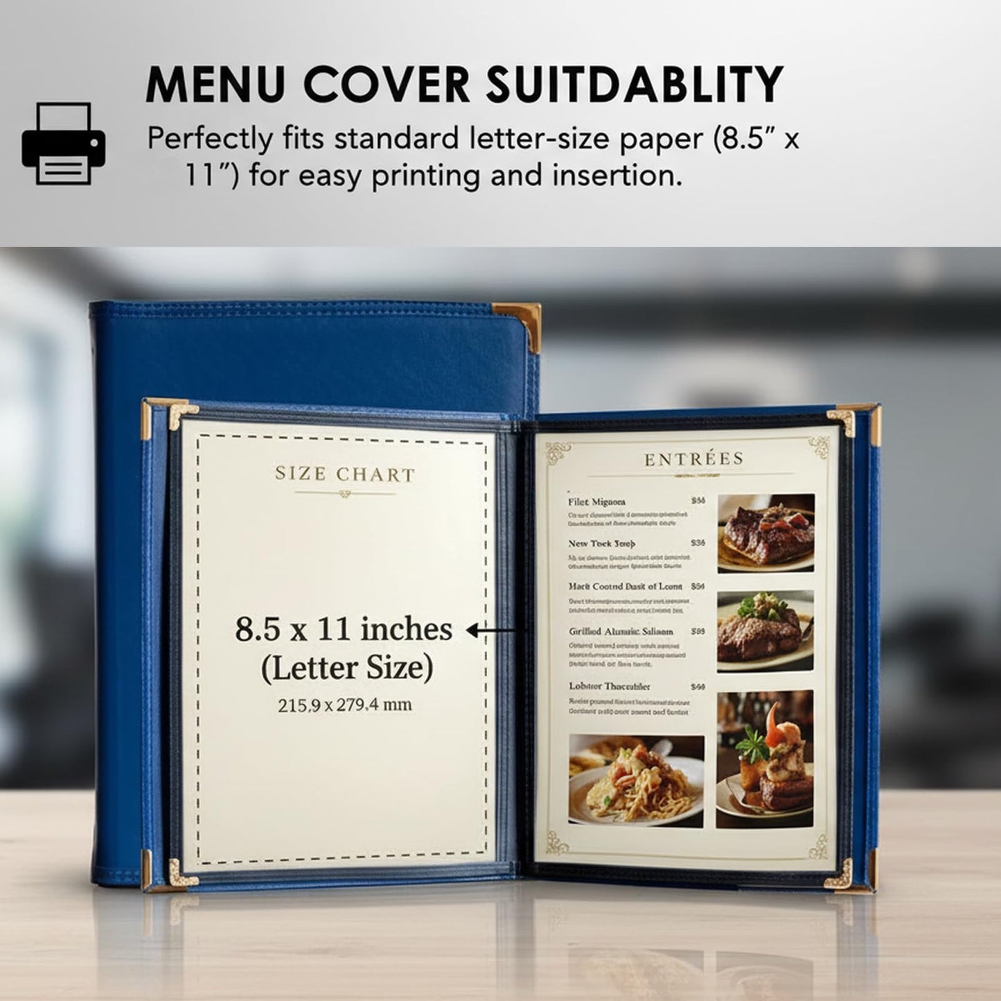 Restaurant Menu Covers 8.5×11 – 8 Page 16 View Menu Sleeve, Premium Navy Faux Leather, Waterproof Durable Menu Holder for Bar Cafe Hotel, 2 Pack