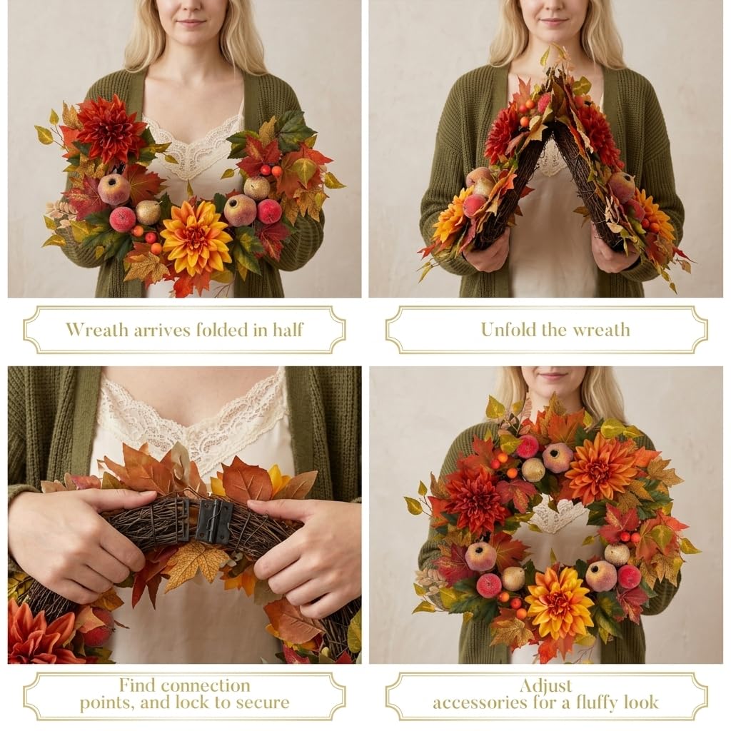 Valery Madelyn 24'' Collapsible Pre-Lit Fruits Fall Wreath for Front Door