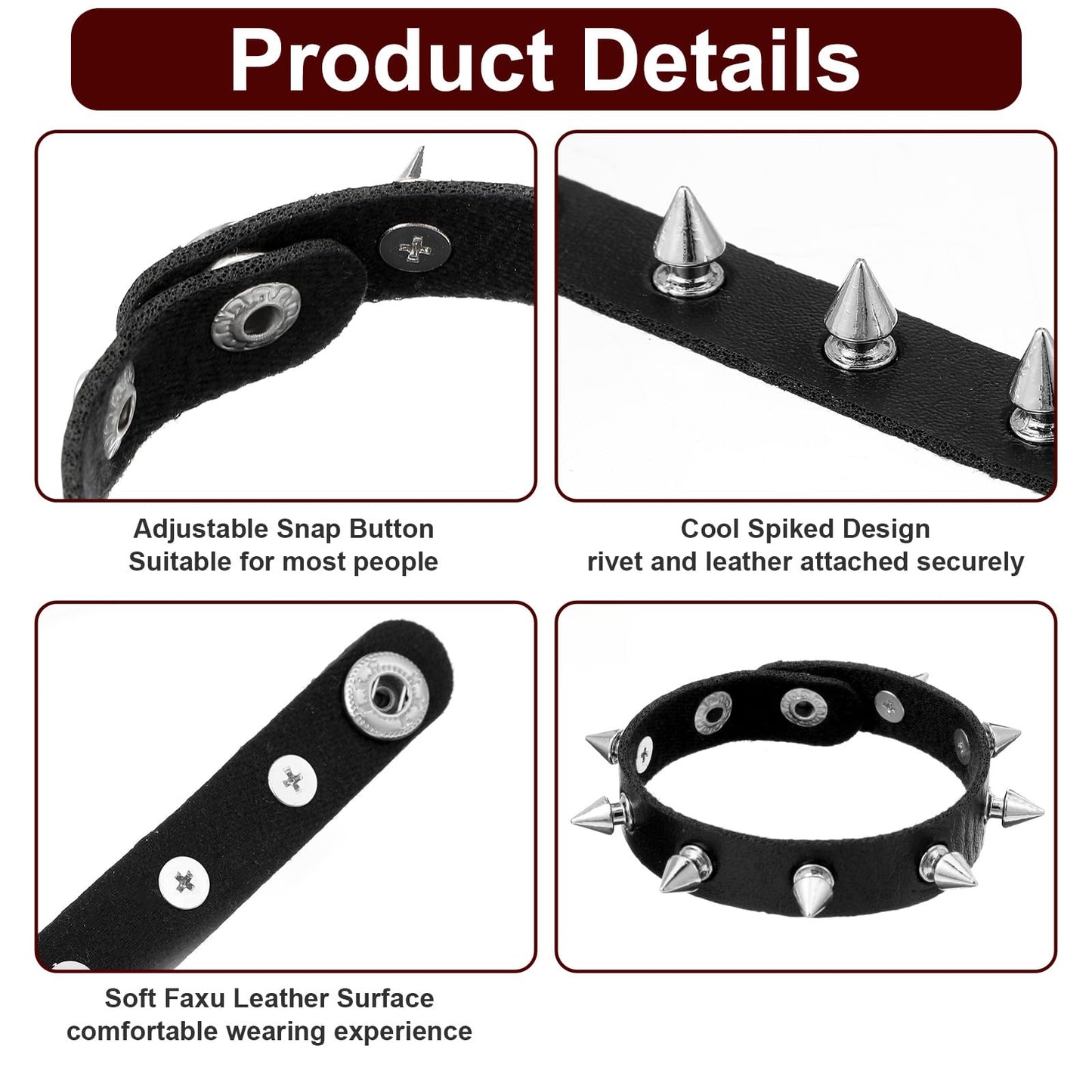 Afcabakila Black Punk Goth Choker Necklace & Spiked Studded Bracelets Set, 9 Adjustable PU Leather Collars & 6 Rivet Spiked Cuffs, Gothic Rock Metal Wristband for Daily Wear Cosplay Festival