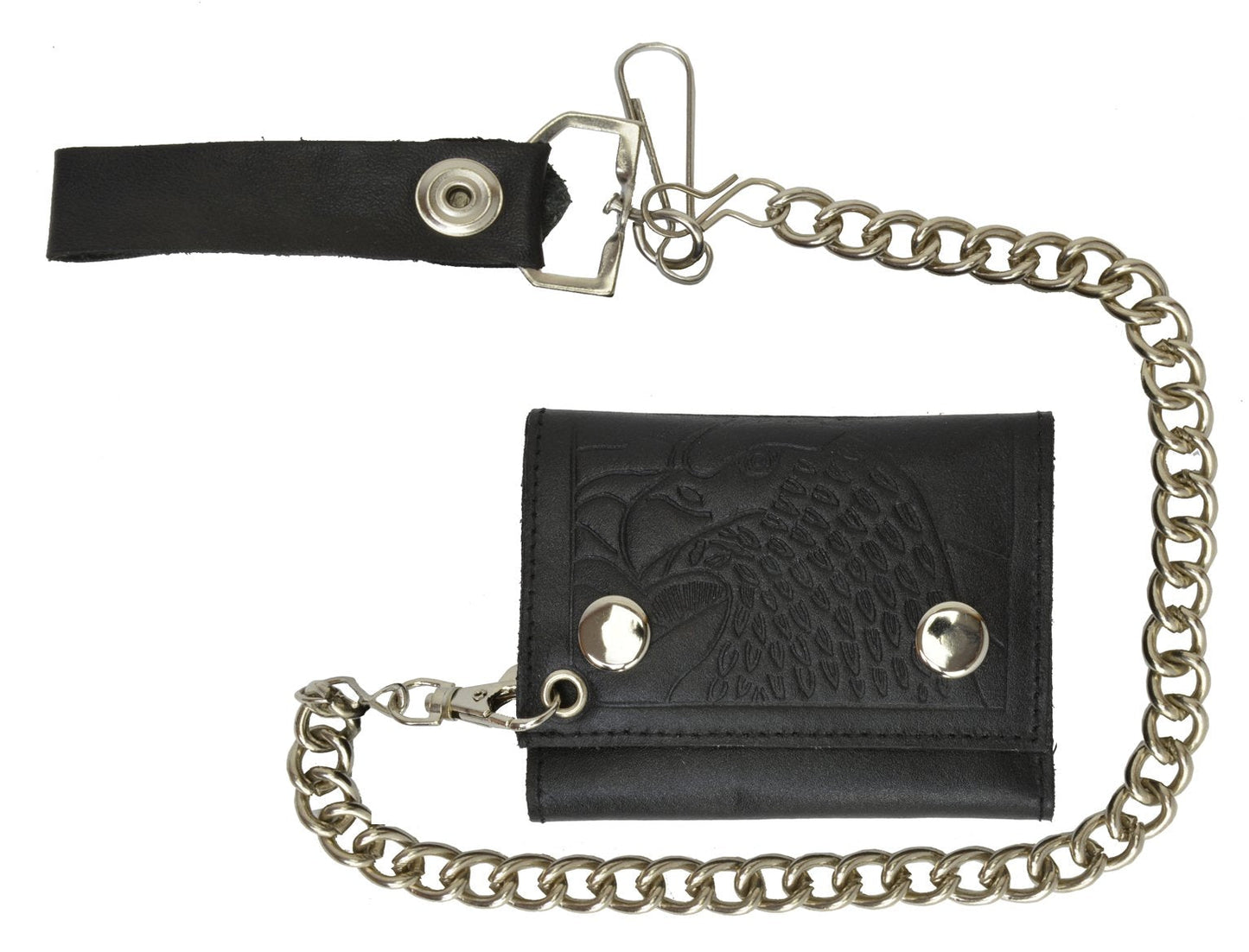 MARSHAL Men's Genuine Leather Black Trifold Wallet with Chain Biker Trucker Motorcycle (Eagle Black)