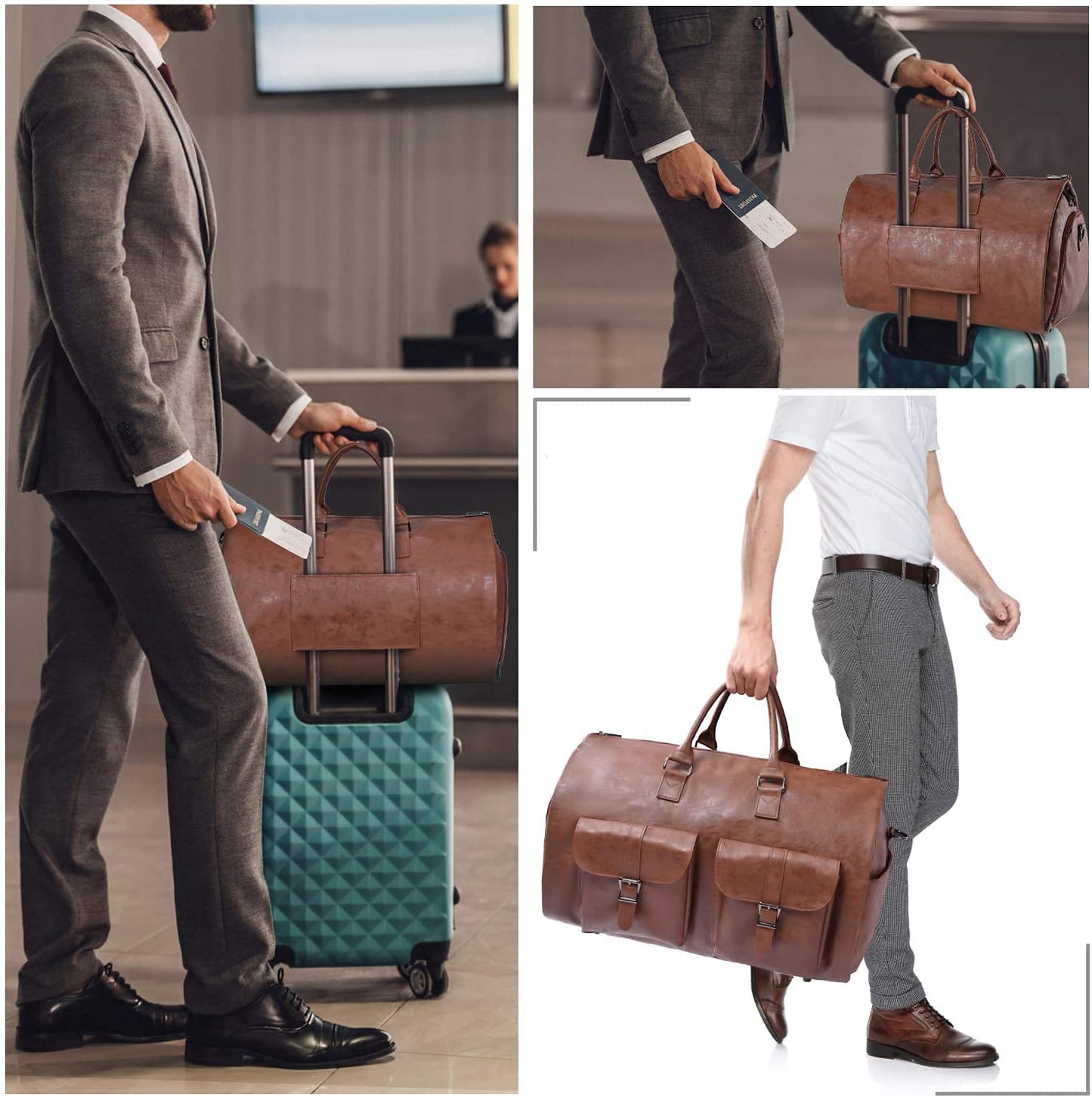 seyfocnia Carry On Garment Bag, Waterproof Mens Garment Bag for Travel Business, Large Leather Duffel Bag with Shoe Compartment -Brown