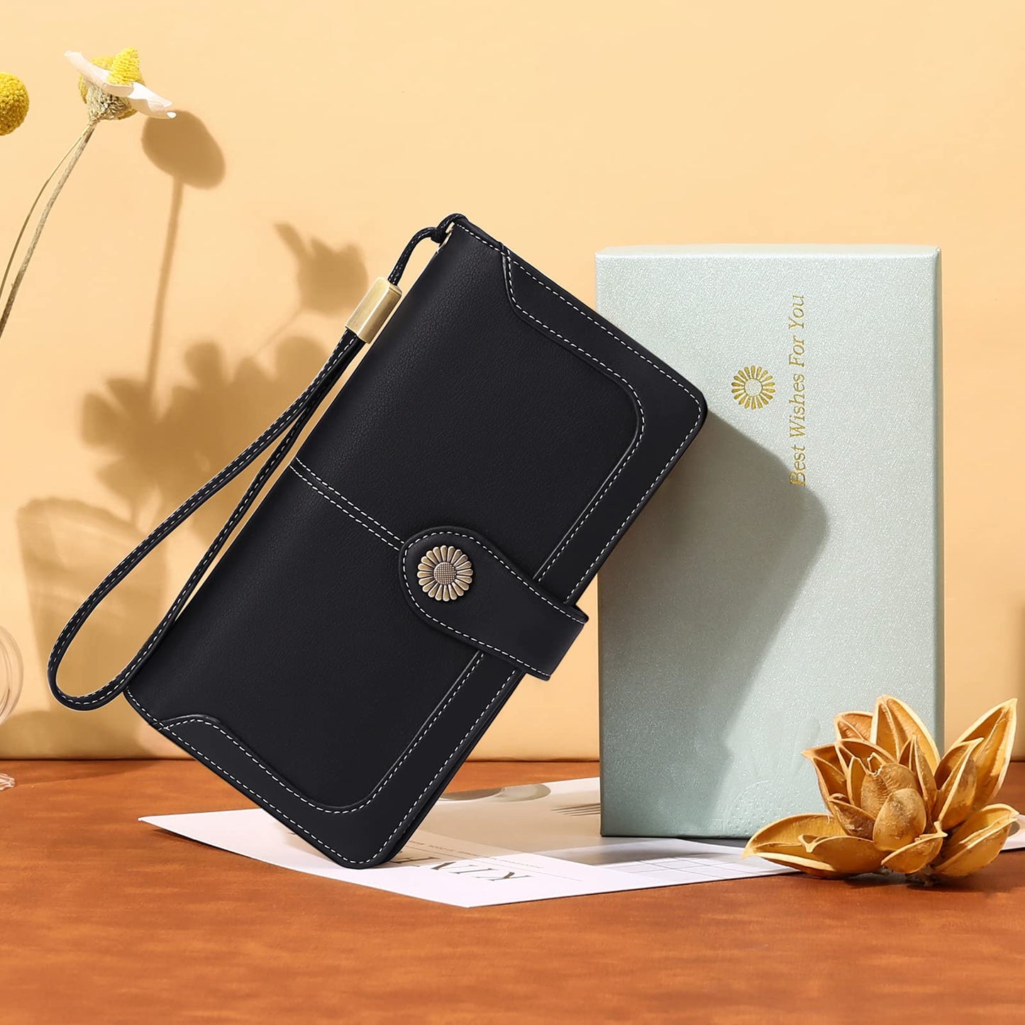 FALAN MULE Women's Wallet Leather RFID Blocking Large Capacity Trifold Ladies Wallet Wristlet Clutch Card Holder