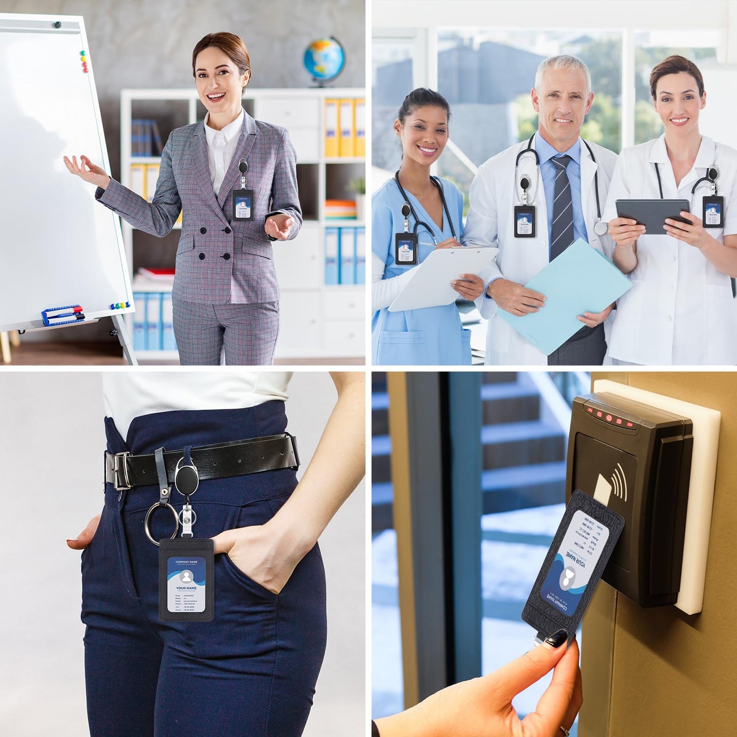 Dispowreath 12 Pack Badge Holders and Heavy Duty Retractable Reel Clips Set, Vertical Leather ID Badge Holders with Clear ID Window and Credit Card Slots for Keychain Key Card Nurse Office Credit