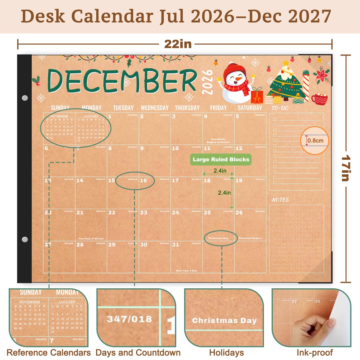 Desk Calendar 2026-2027, Large 22"x17", 18 Months from July 2026 to December 2027, Desktop Calendar with Plastic Cover and Colorful Stickers, Ideal for Home, Office, and School Planning, Doodle Kraft (July.2026-Dec.2027)