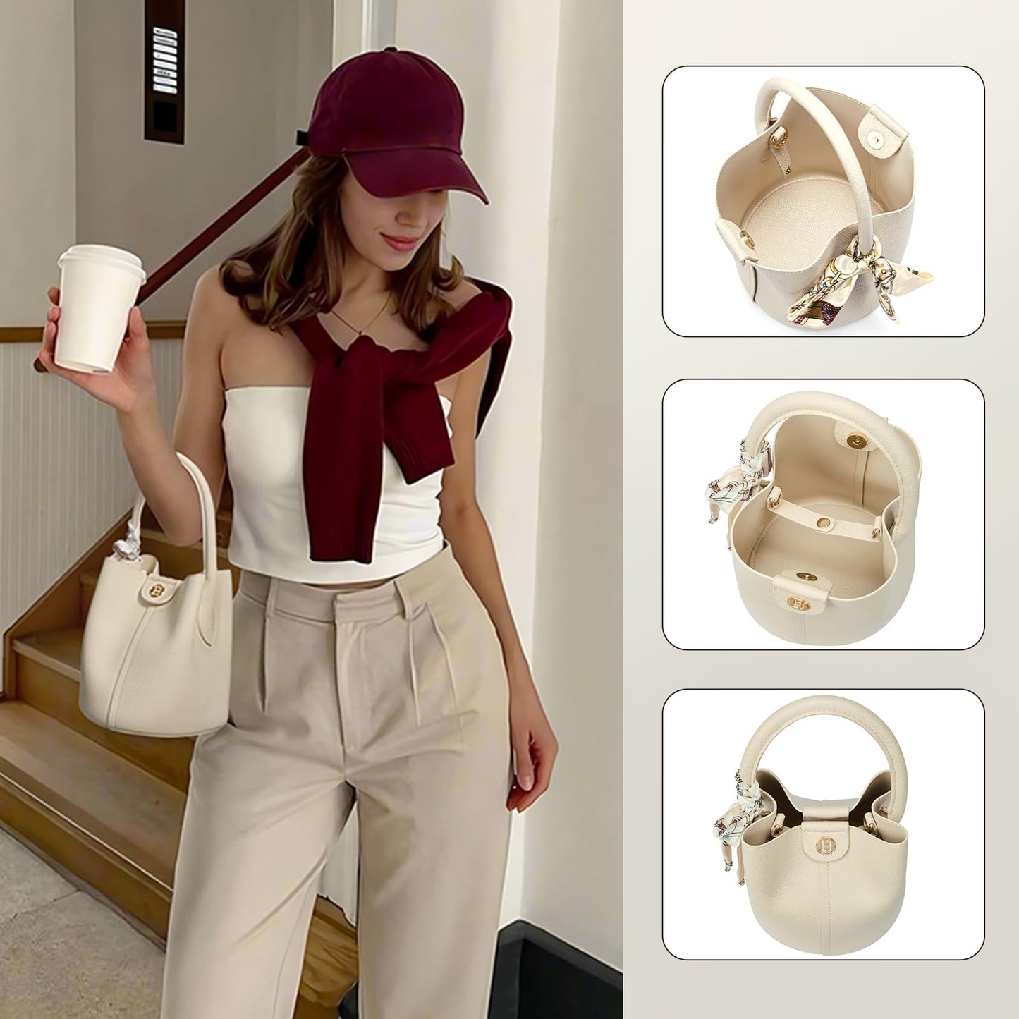 BOSTANTEN Small Crossbody Bags for Women Vegan Leather Mini Bucket Handbag Removable Shoulder Strap Beige