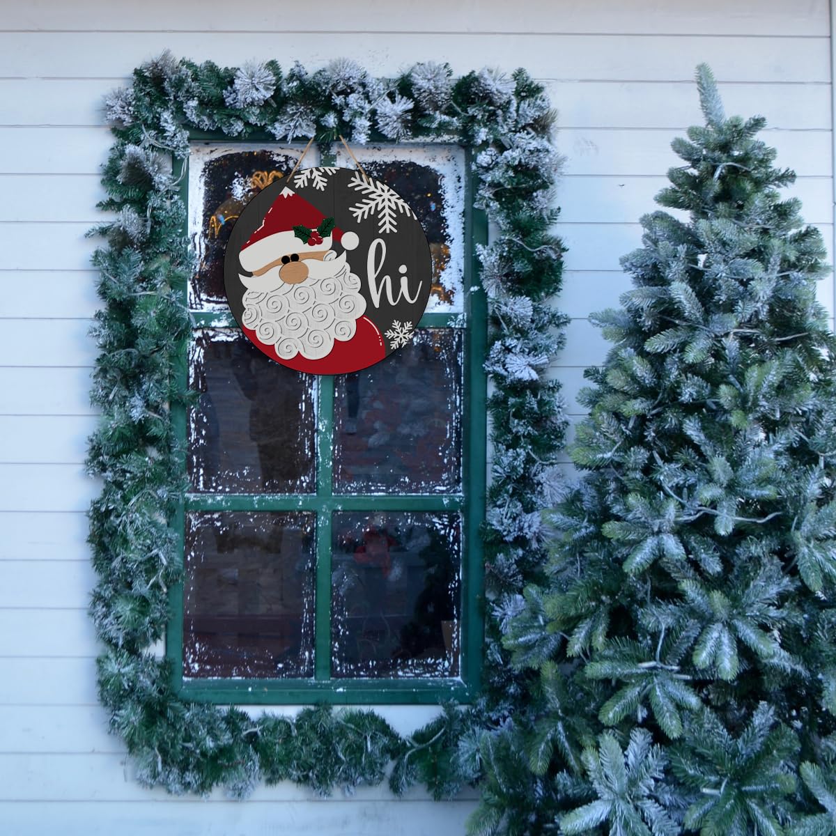 Snowflake Santa Merry Christmas Welcome Sign - Santa Christmas Door Hanger - Hello Winter Round Wooden Decor for Tree, Front Door, Porch, Wall, Party Decorations, 8X8 Inches -A20