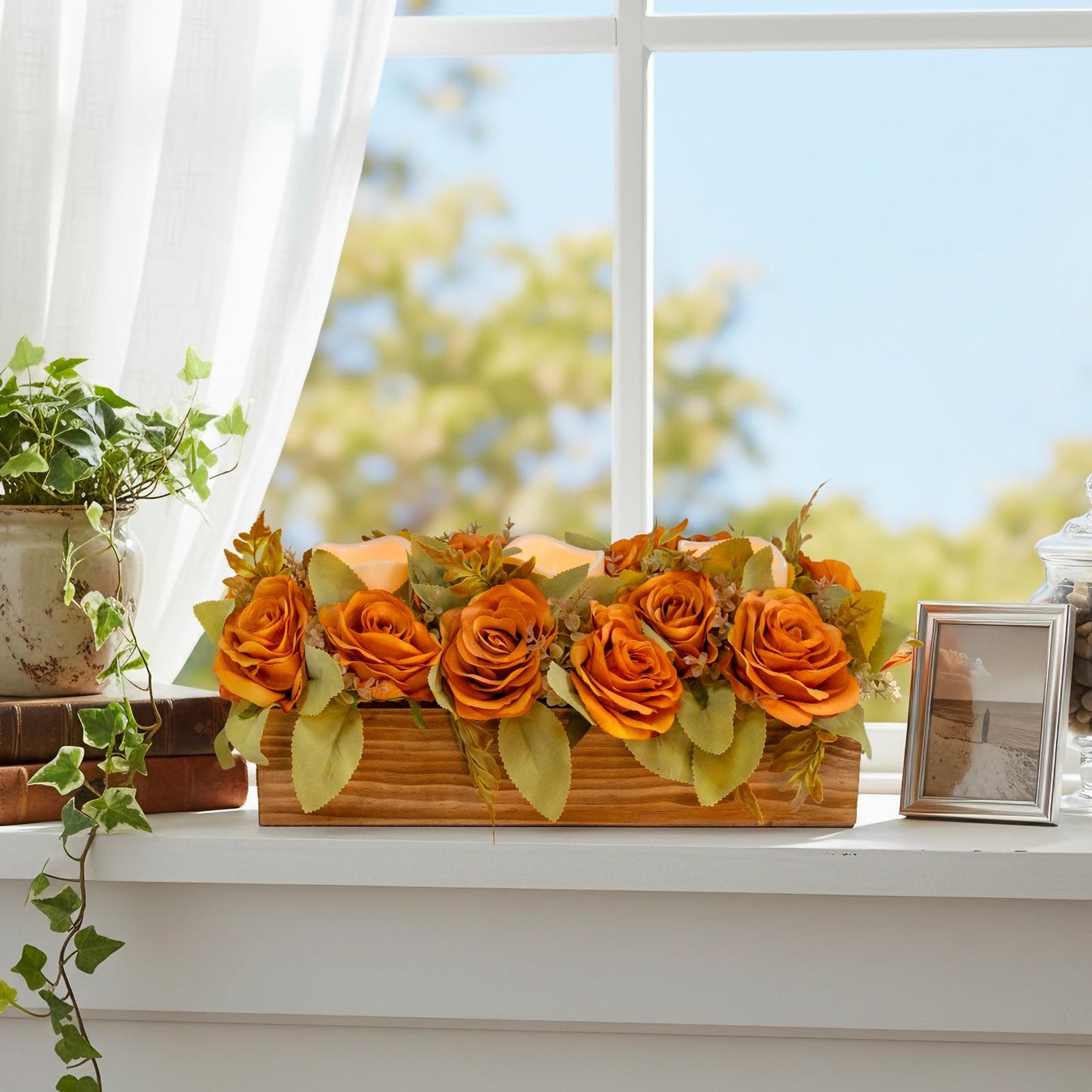 Lumeavetra Centerpiece Table Decorations with 3 Flameless Candle(Battery Not Included), Farmhouse Wood Tray Flower Decoration for Table Kitchen Living Room Wedding Décor