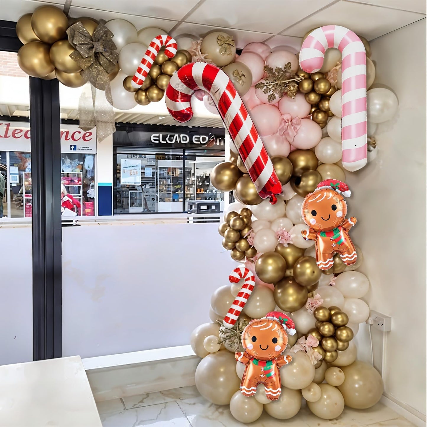 138PCS Pastel Pink Beige Christmas Balloon Arch Kit, Dusty Baby Pink Pearl Ivory White Cream Metallic Gold Balloon Arch Set with Candy Cane Gingerbread Foil Balloos for New Year Xmas Party Decorations