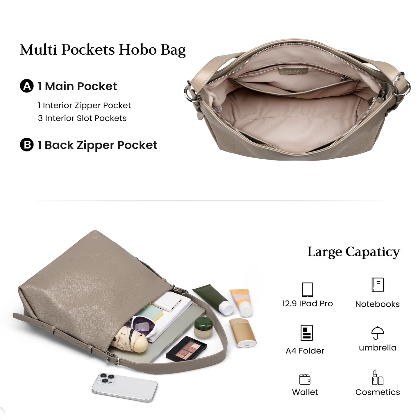befen Soft Real Leather Hobo Bags for Women, Woman Crossbody Purses Leather Purse Shoulder Handbag Slouchy Bag for Daily & Travel Taupe