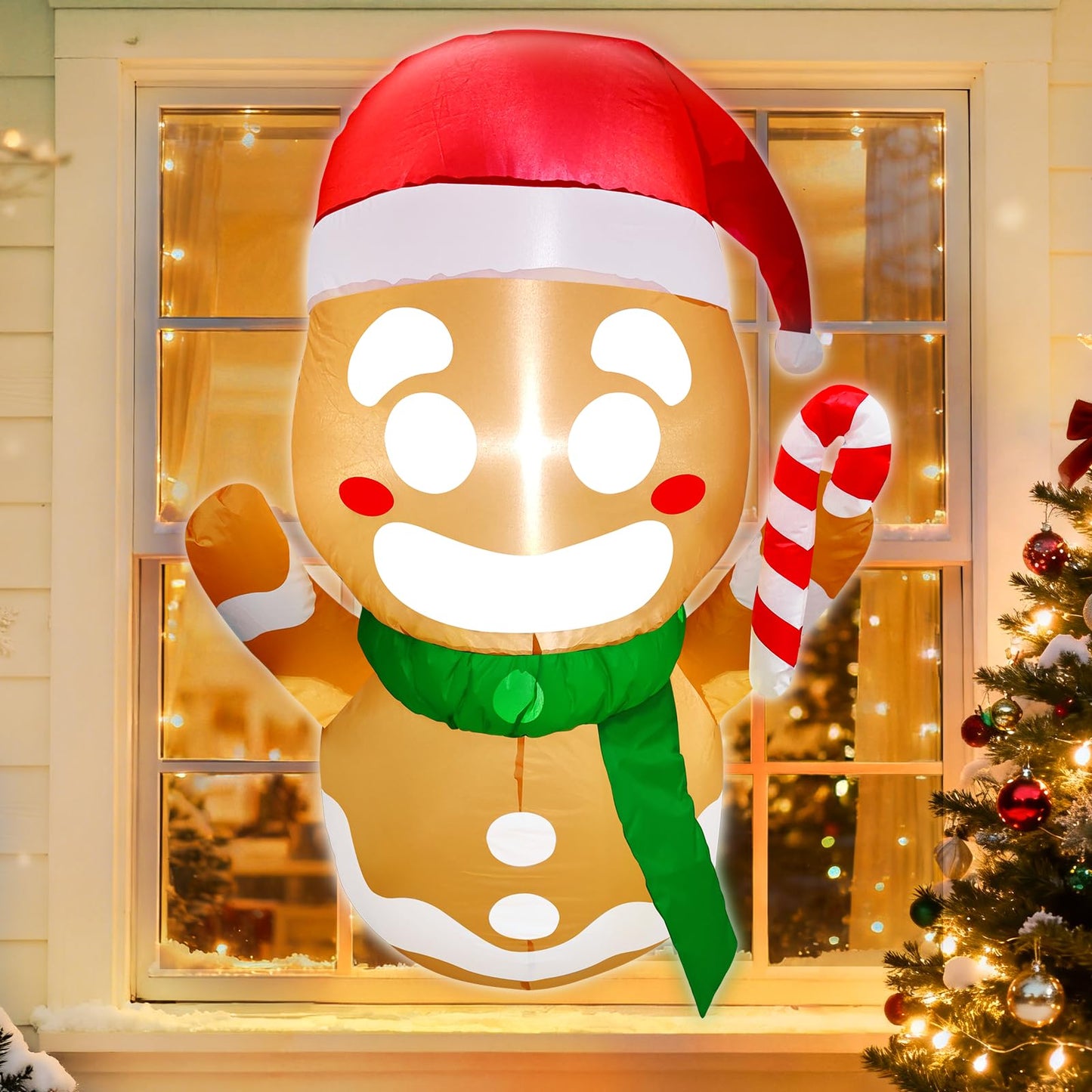 TURNMEON Christmas Inflatable Gingerbread Man Broke Out from Window, Built-in Bright LED Lights 3.5FT Blow Up Xmas Decor, Indoor Outdoor Yard Garden Lawn Home Party Christmas Window Decorations