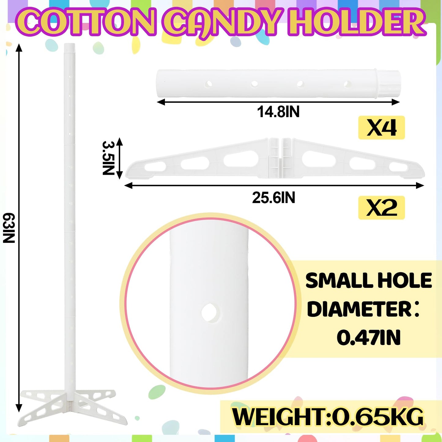 Novabright 1 Pack Plastic Cotton Candy Stand 5.25 ft Tall Cake Pop Stand with 48 Holes Adjustable Cotton Candy Floor Display for Christmas Wedding Birthday Baby Shower Party Anniversaries