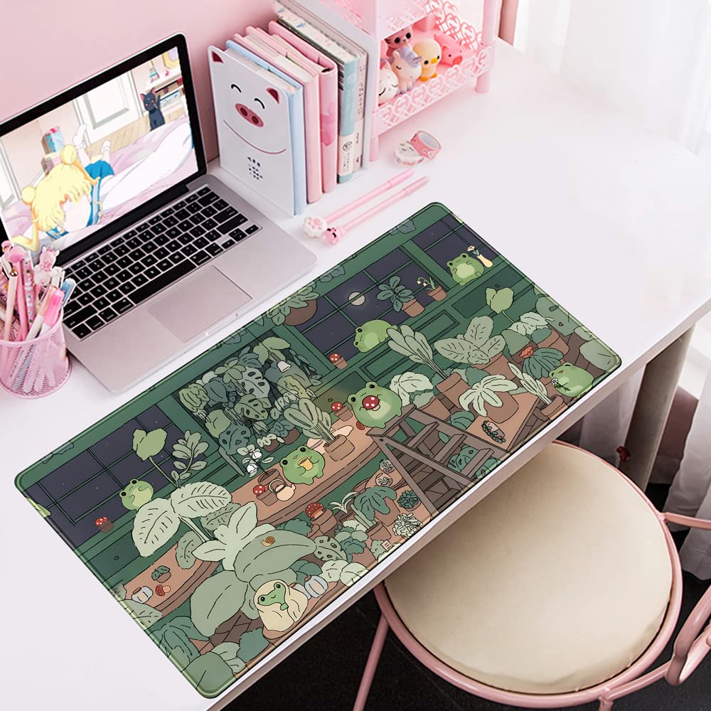 Cute Frog Mouse Pad Desk Pad Kawaii Green Desk Decor Mat, Large Gaming Mouse Pad for Desk Computer Keyboard Laptop, Home Office Accessories for Girl (31.5x15.7 in)-with Stitched Eges Pad