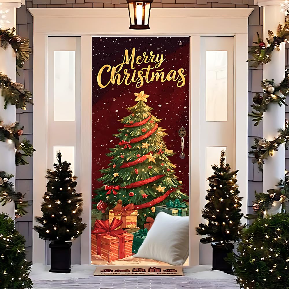 WDESYADMS 1PC Christmas Tree Door Sticker 30.3x78.7 Inch Self Adhesive PVC Peel and Stick Holiday Door Mural with Gift Boxes for Home Living Room Office Entrance Wall Art Decoration